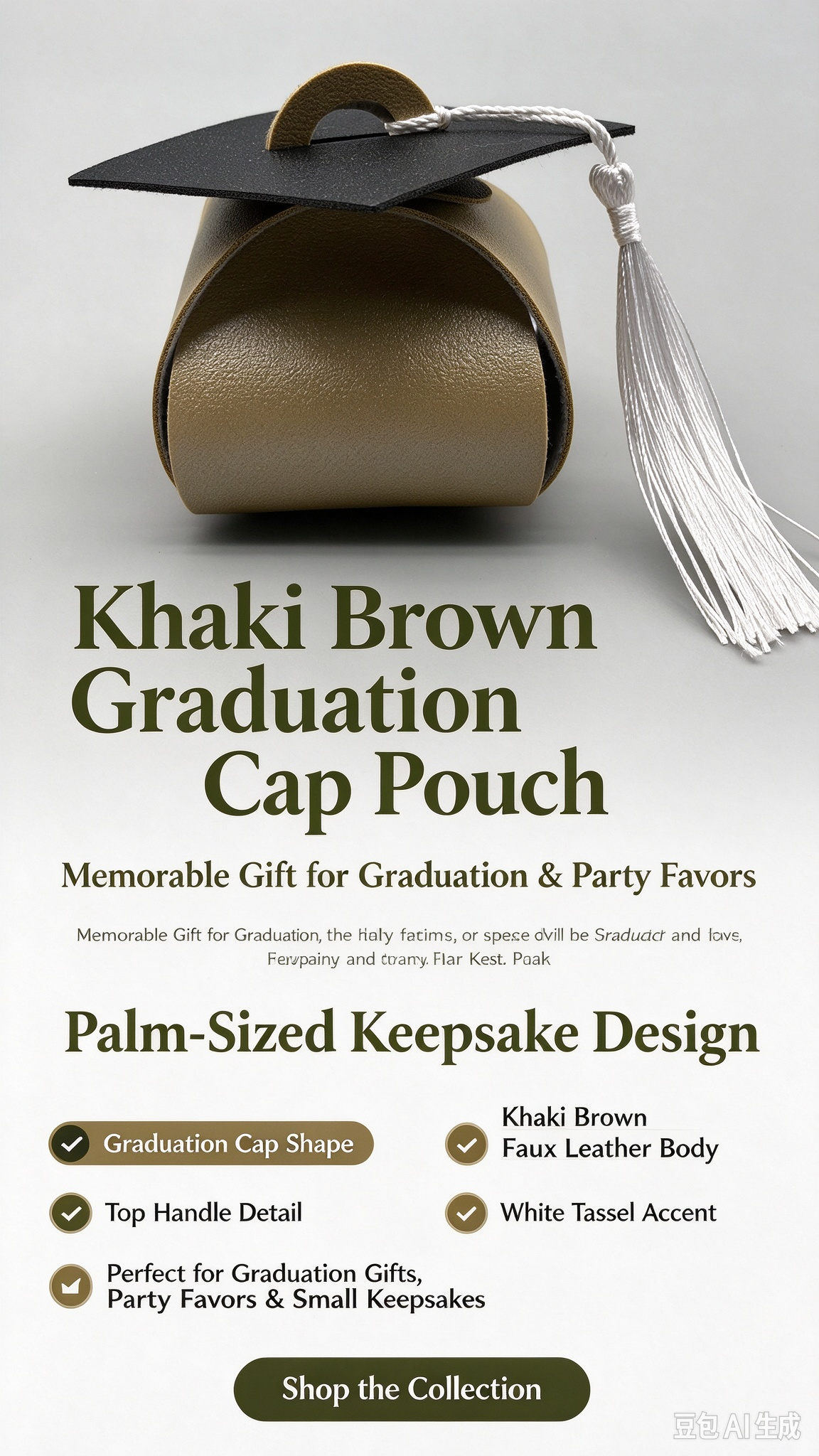Olive Gold Graduation Cap Mini Faux Leather Keychain Purse, Tiny Coin Pouch Earbud Holder, Cute Graduation Gift Bag Charm for Women