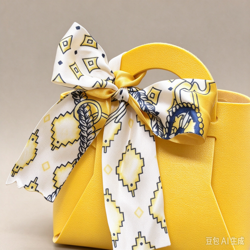 Yellow Mini Faux Leather Tote Pouch with Geo Print Silk Scarf Bow, Small Gift Bag for Wedding Favors, Bridal Shower, Party Candy & Guest Gifts