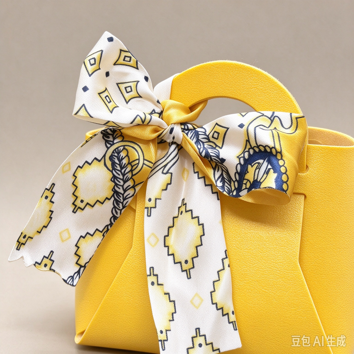Yellow Mini Faux Leather Tote Pouch with Geo Print Silk Scarf Bow, Small Gift Bag for Wedding Favors, Bridal Shower, Party Candy & Guest Gifts