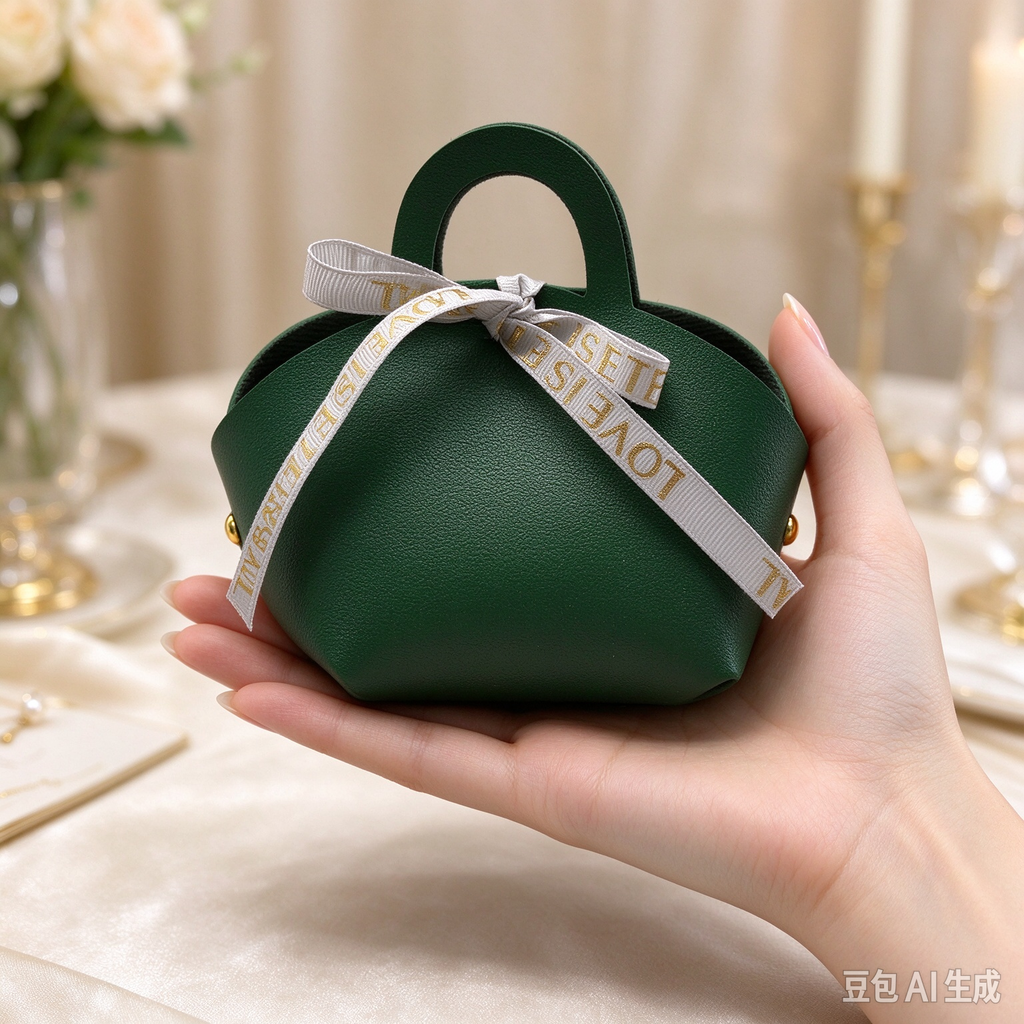 Green Mini Faux Leather Tote Pouch with Delicate Letter Ribbon Bow, Small Gift Bag for Wedding Favors, Bridal Shower, Party Candy & Guest Gifts