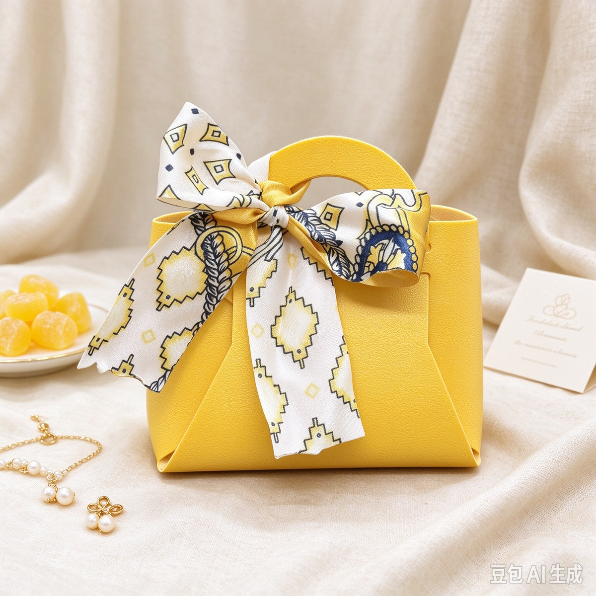 Yellow Mini Faux Leather Tote Pouch with Geo Print Silk Scarf Bow, Small Gift Bag for Wedding Favors, Bridal Shower, Party Candy & Guest Gifts