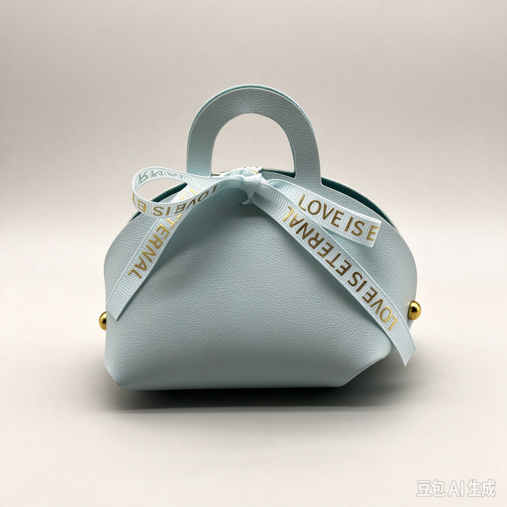 Light Blue Mini Faux Leather Tote Pouch with Delicate Letter Ribbon Bow, Small Gift Bag for Wedding Favors, Bridal Shower, Party Candy & Guest Gifts