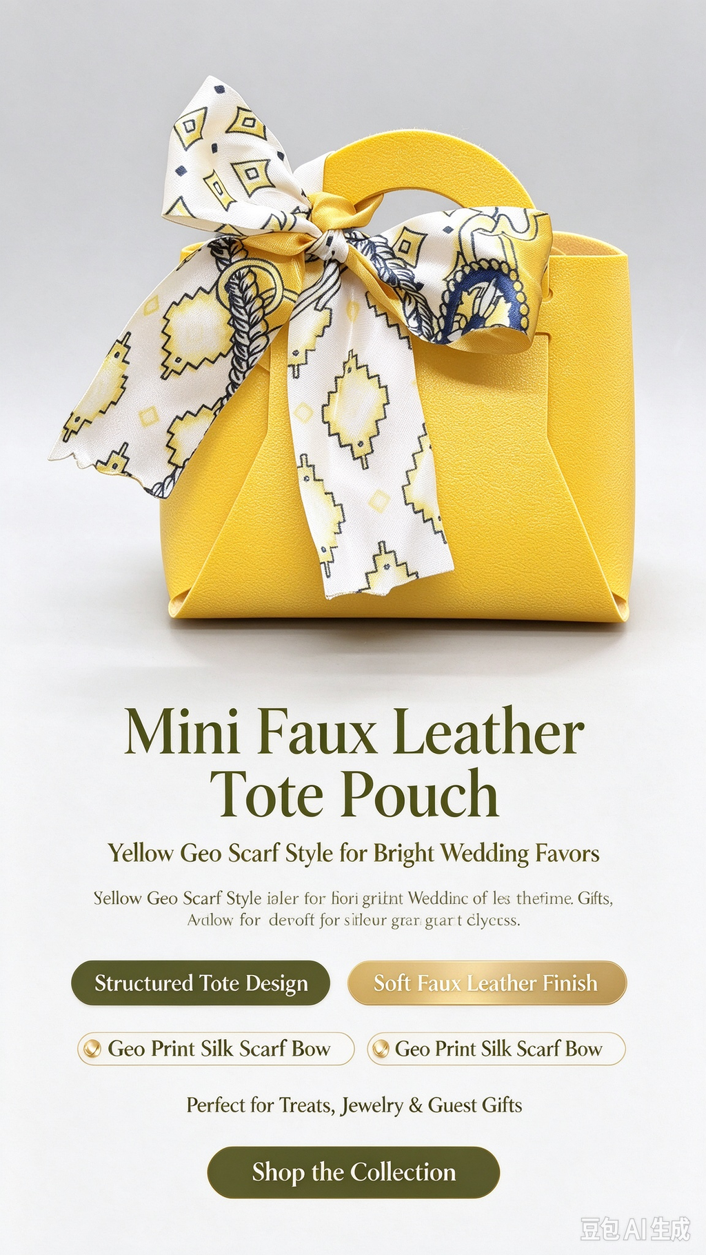 Yellow Mini Faux Leather Tote Pouch with Geo Print Silk Scarf Bow, Small Gift Bag for Wedding Favors, Bridal Shower, Party Candy & Guest Gifts