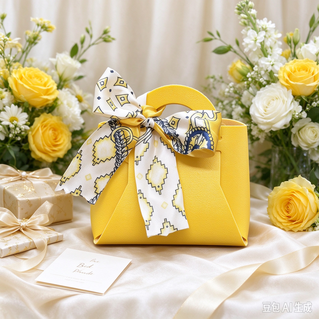 Yellow Mini Faux Leather Tote Pouch with Geo Print Silk Scarf Bow, Small Gift Bag for Wedding Favors, Bridal Shower, Party Candy & Guest Gifts