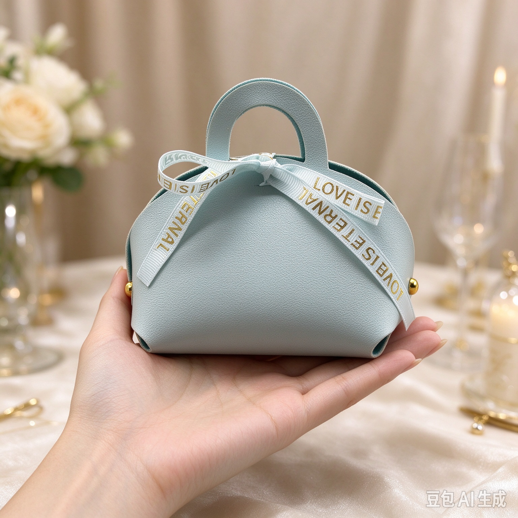 Light Blue Mini Faux Leather Tote Pouch with Delicate Letter Ribbon Bow, Small Gift Bag for Wedding Favors, Bridal Shower, Party Candy & Guest Gifts