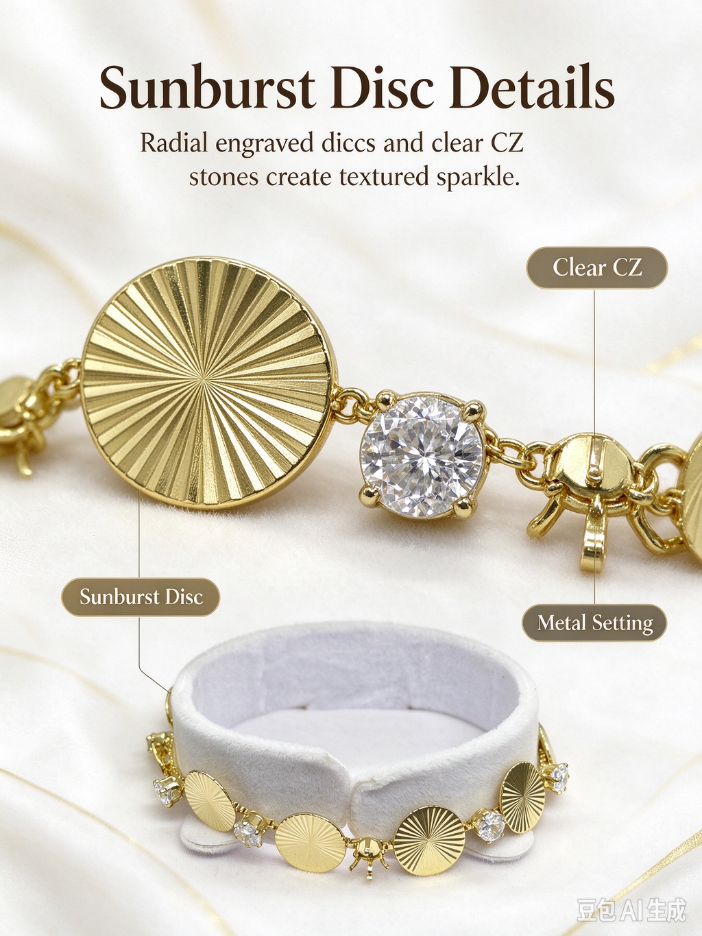 Gold Sunburst Disc Crystal Bracelet, Statement Golden Disc Bracelet with Clear CZ