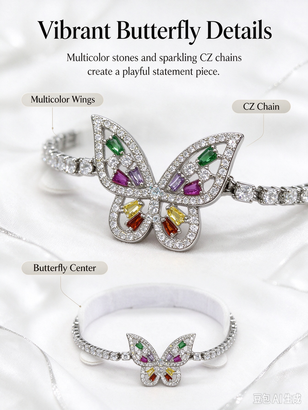 Silver Rainbow CZ Butterfly Tennis Bracelet, Multicolor Crystal Butterfly Statement Bracelet