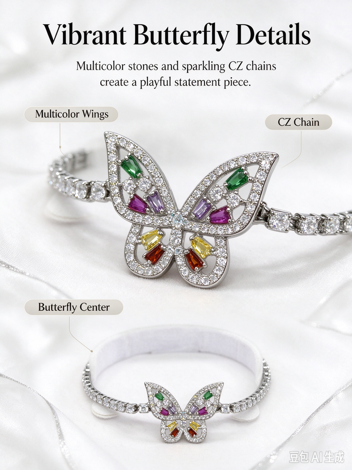 Silver Rainbow CZ Butterfly Tennis Bracelet, Multicolor Crystal Butterfly Statement Bracelet