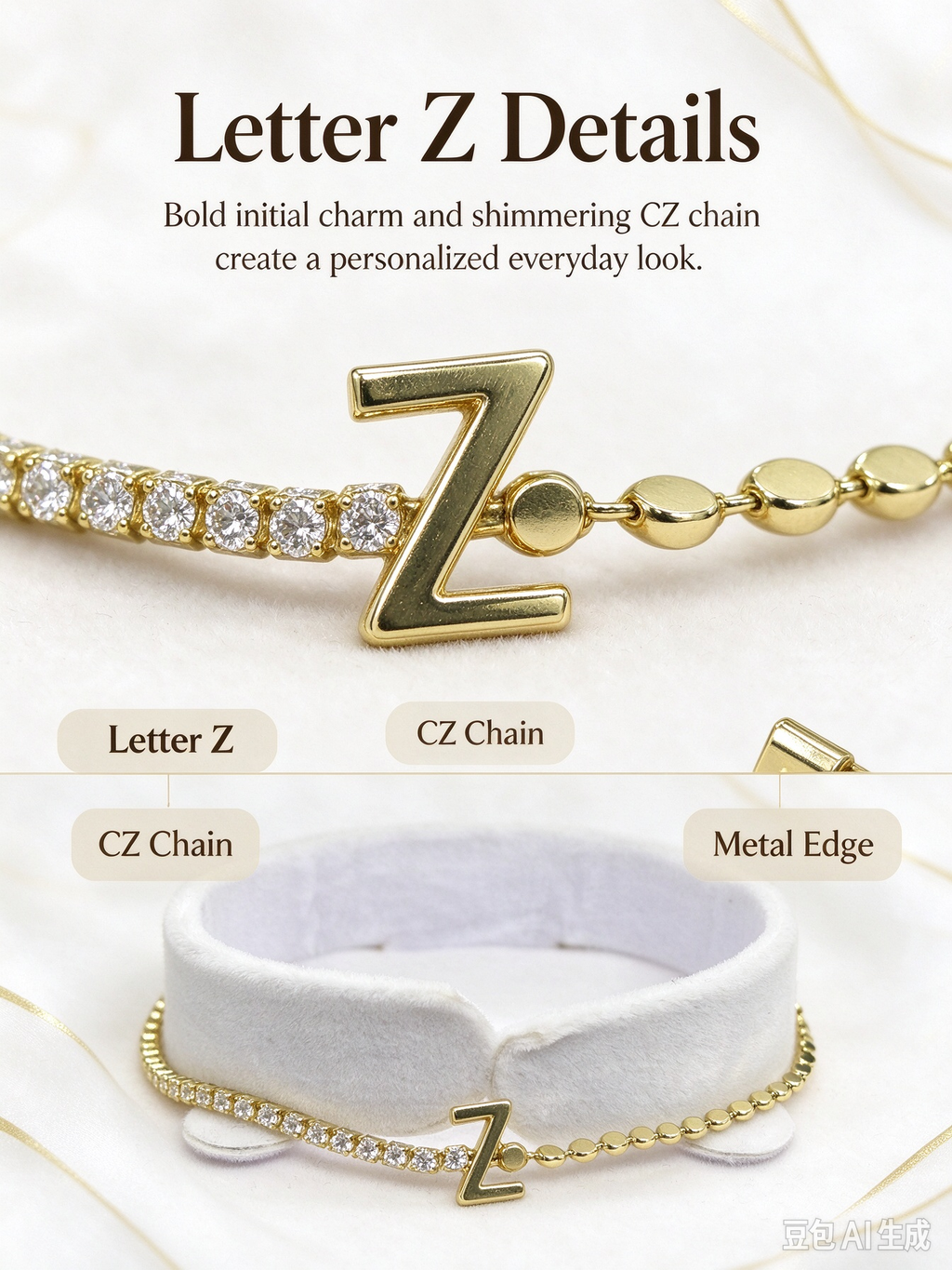 Gold Two-Strand Initial Z Bracelet, Dual Chain Letter Z Bracelet with Crystal & Bead Chain