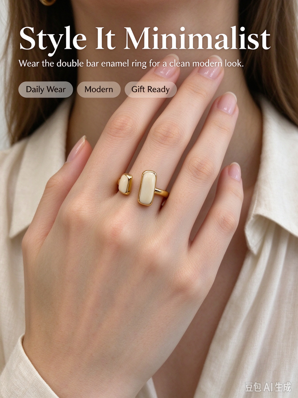 Gold Open Cuff Ring with Dual Cream Rectangular Inlay Stones, Adjustable Statement Ring for Women