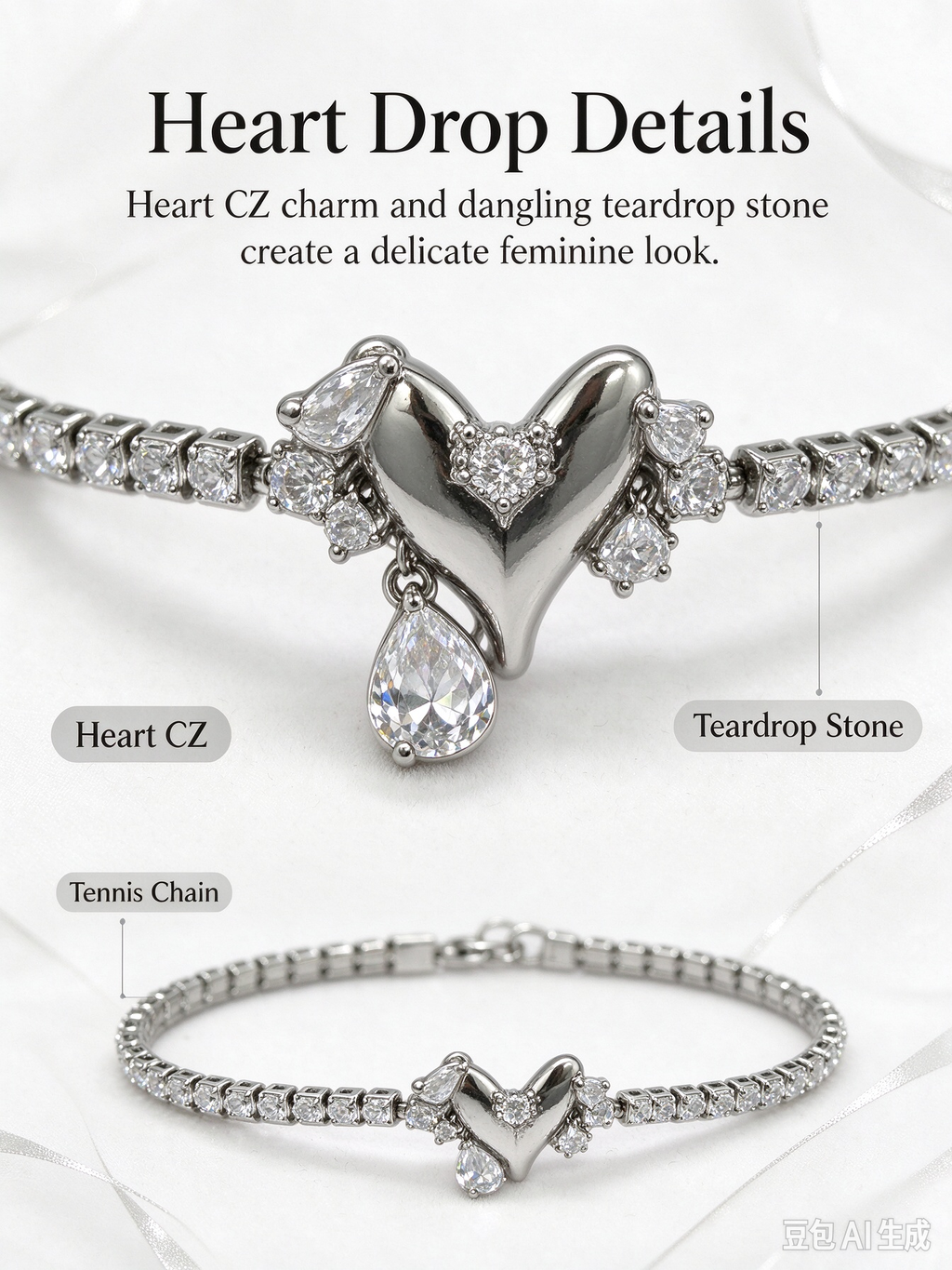 Heart Teardrop Drop Tennis Bracelet, Dainty Cubic Zirconia Charm Bracelet