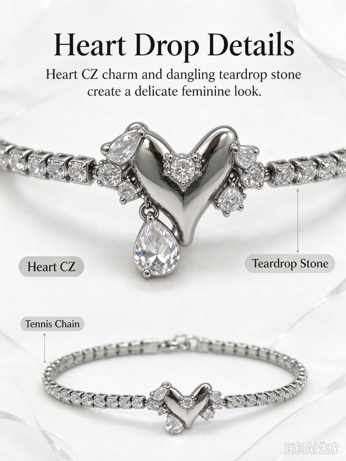Heart Teardrop Drop Tennis Bracelet, Dainty Cubic Zirconia Charm Bracelet