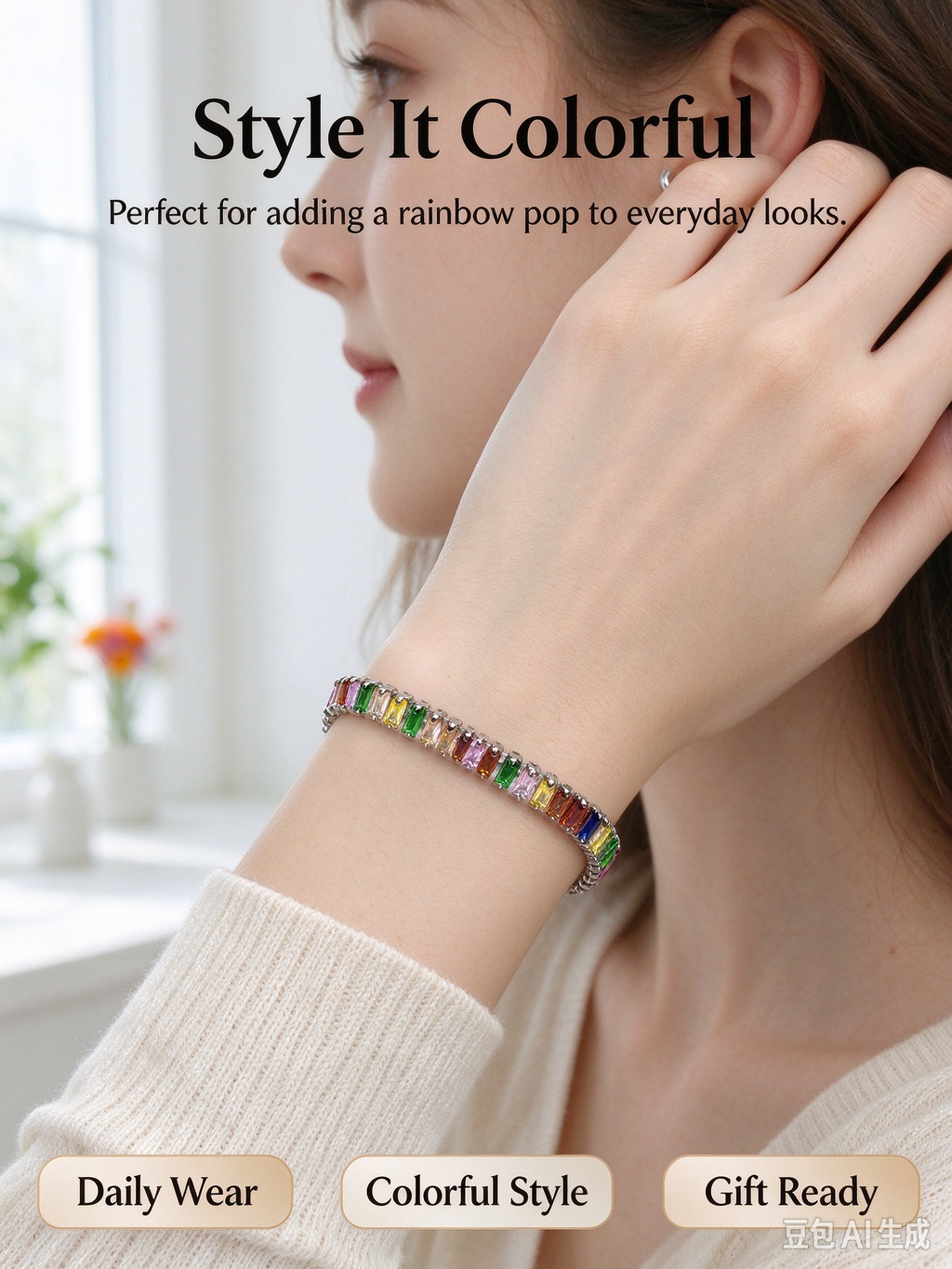 Colorful Baguette Crystal Tennis Bracelet, Rainbow Rectangular CZ Tennis Bracelet for Women