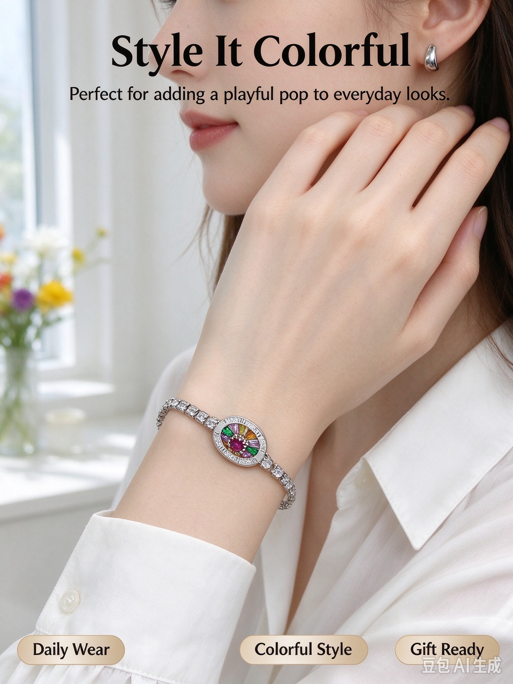 Silver Oval Color CZ Tennis Bracelet, Three Stone Charm Crystal Bracelet for Women
