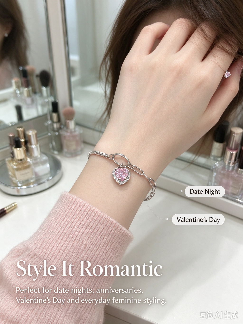 Pink Heart Dual Layer Bracelet, Cubic Zirconia & Paperclip Chain Stackable Bracelet
