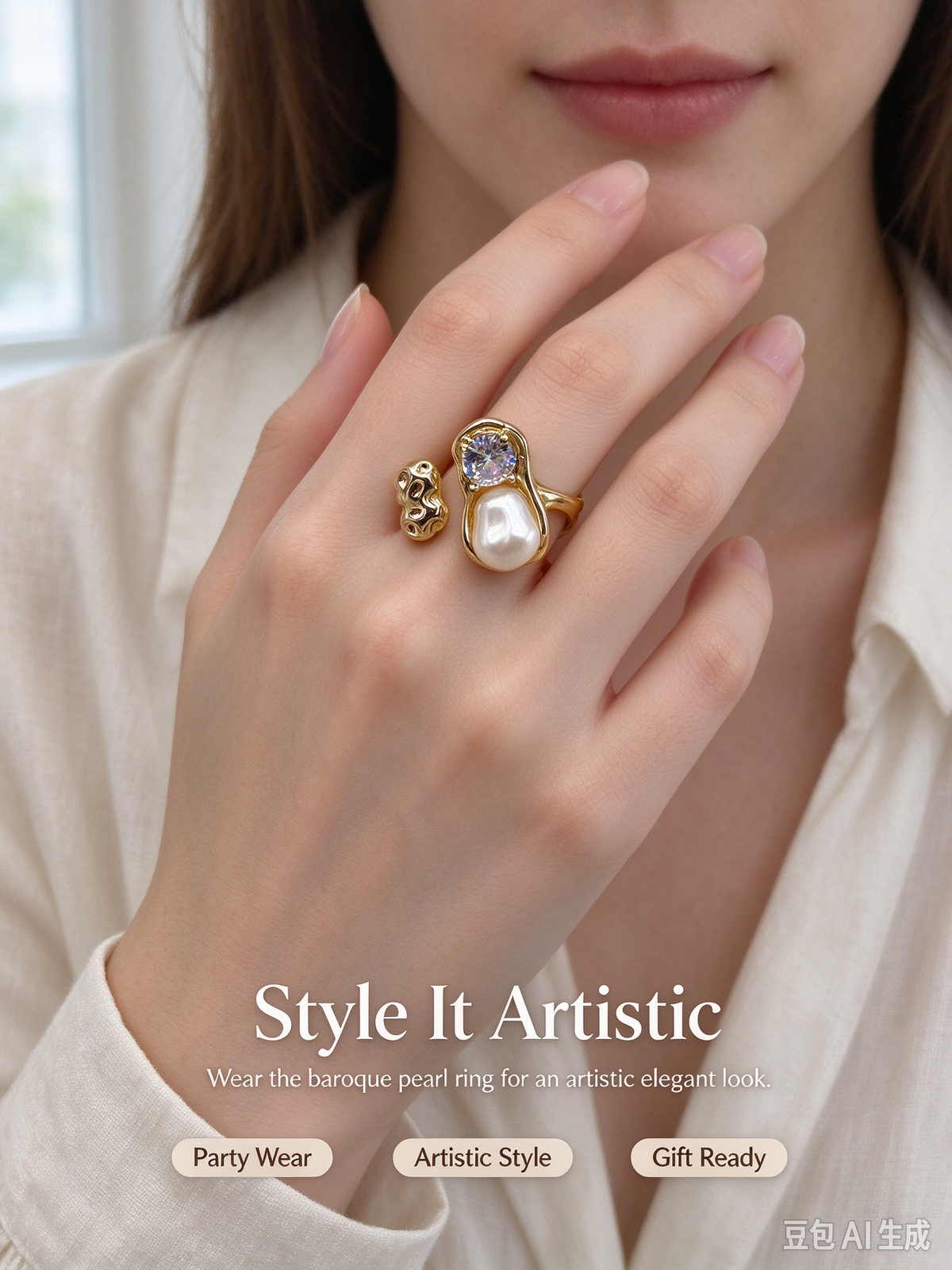 Molten Texture Baroque Pearl CZ Open Ring