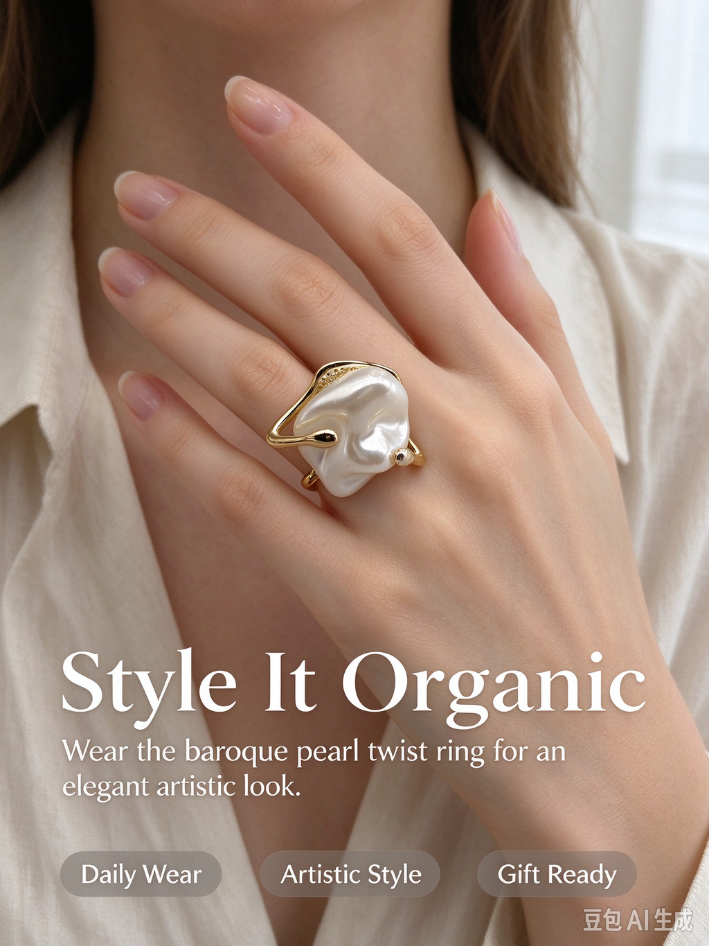 Abstract Wavy Wire Baroque Pearl Statement Ring