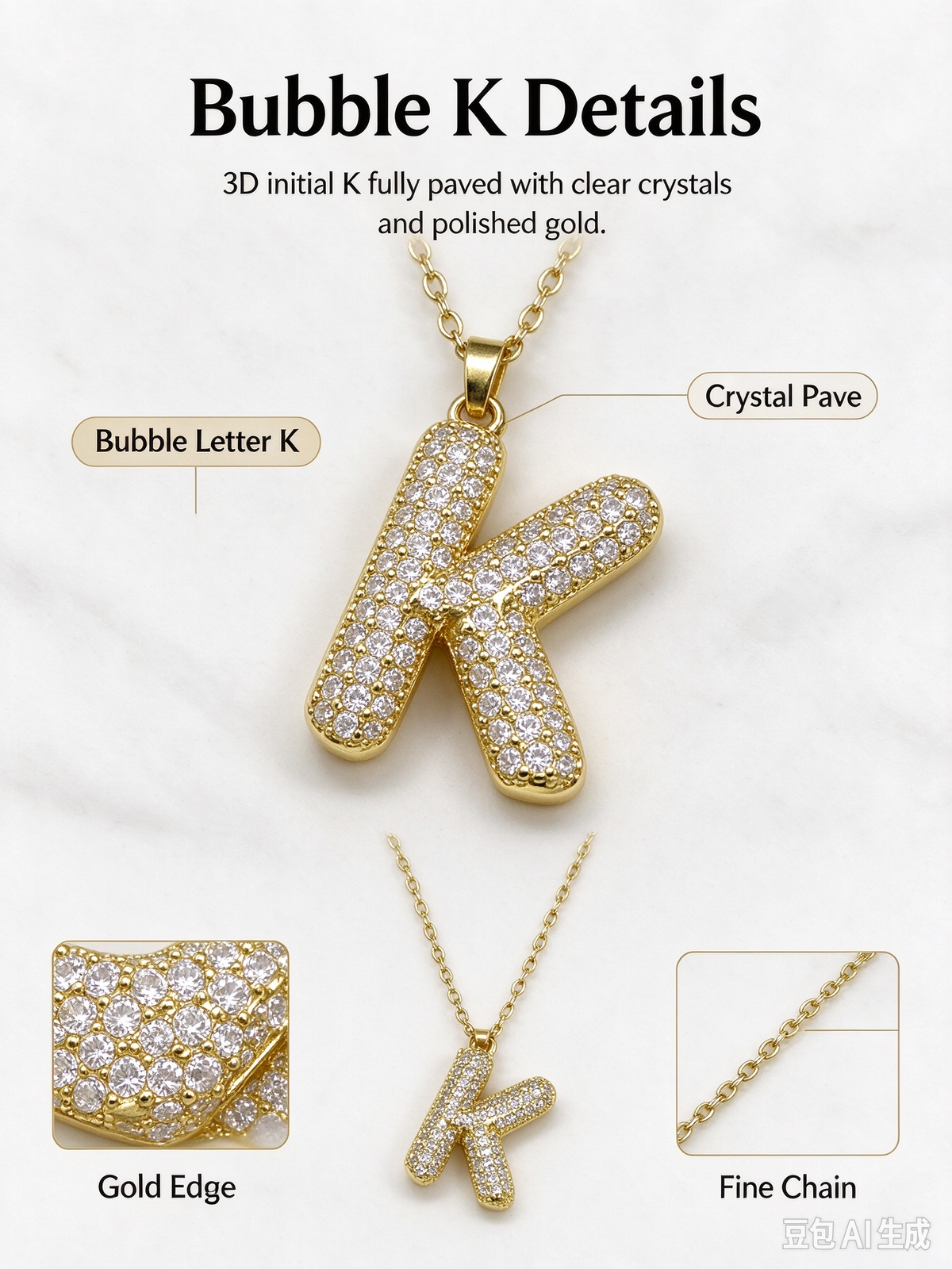 Gold Bubble Letter K Necklace, Full Pave CZ Bold Initial K Pendant with Cable Chain