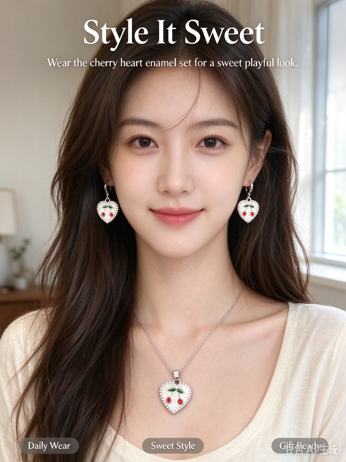 Heart Enamel Cherry Necklace & Drop Earring Set, Silver Plated Cute Fruit Jewelry Gift Box for Women & Teens