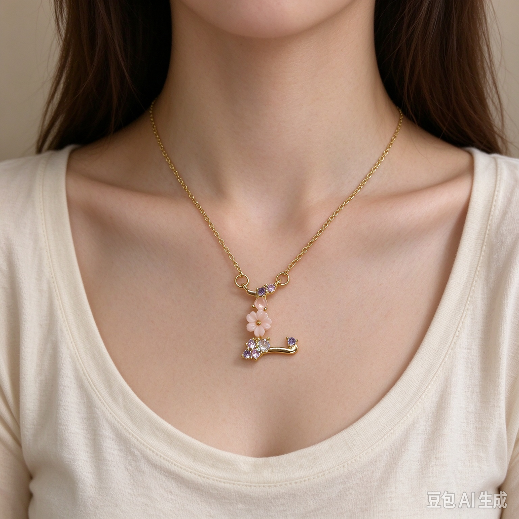 Dainty Gold Floral Letter L Initial Necklace, Pink Flower & Multicolor Crystal Pendant, Personalized Letter Jewelry