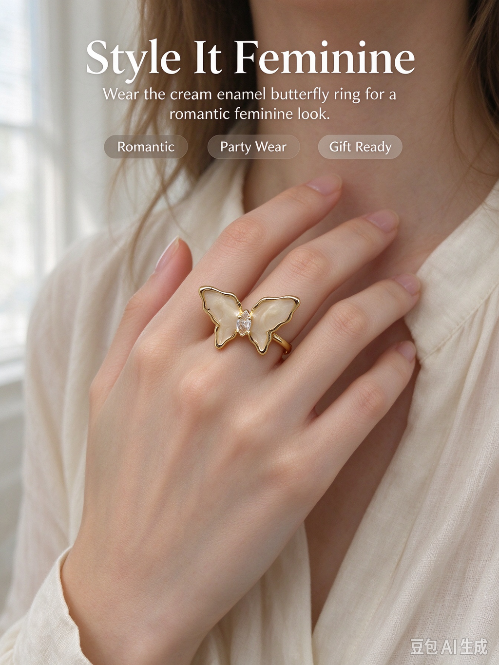 Cream Enamel Butterfly Open Ring with Marquise Crystal, Adjustable Dainty Ring for Women