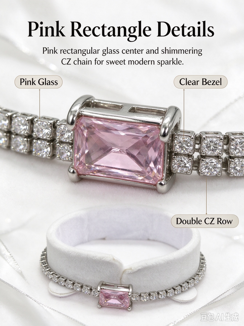 Pink Rectangle Stone Tennis Bracelet, Dainty Sweet Pink Crystal Minimalist Bracelet