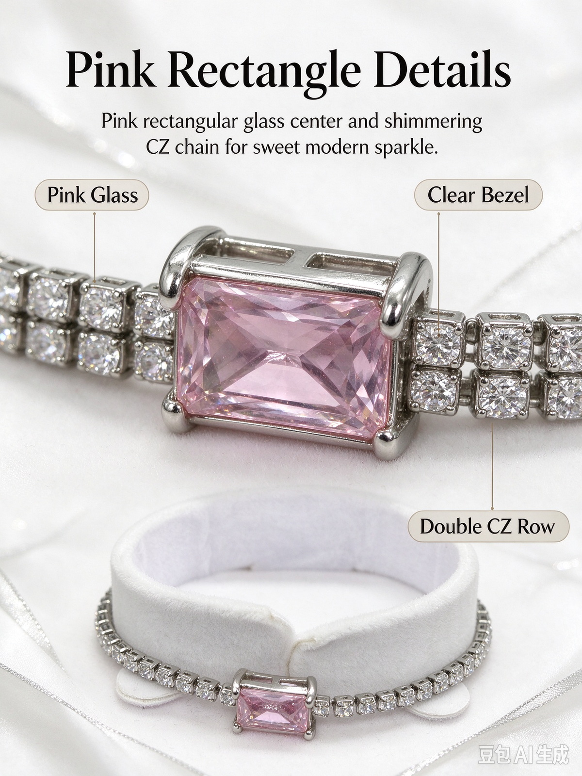 Pink Rectangle Stone Tennis Bracelet, Dainty Sweet Pink Crystal Minimalist Bracelet
