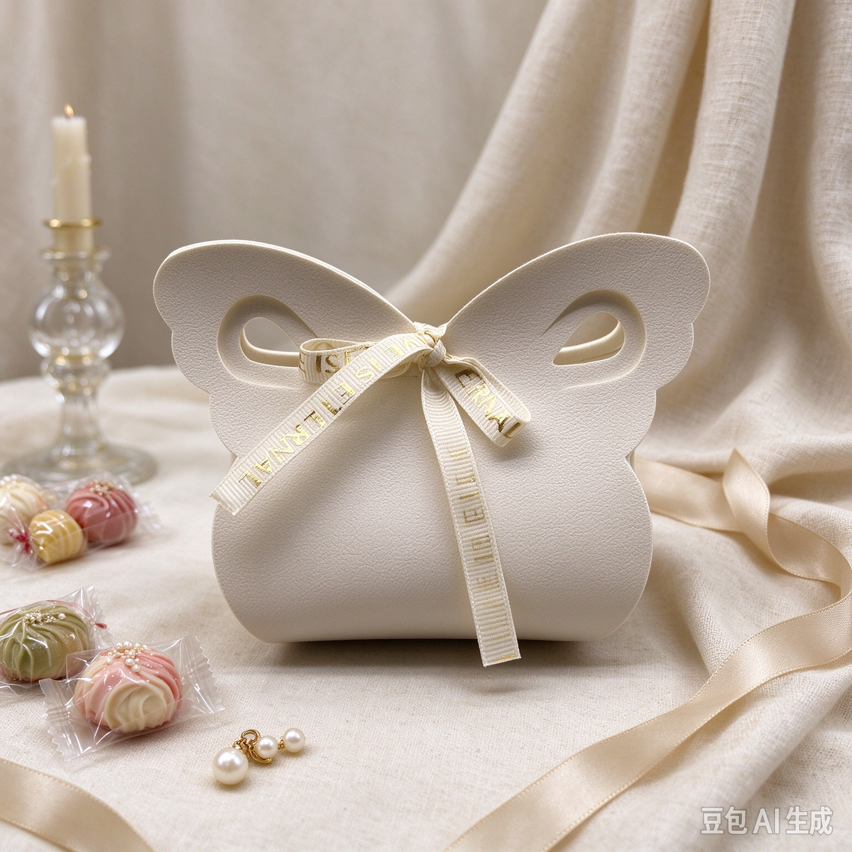 Ivory White Butterfly Faux Leather Pouch, Cute Ribbon Bow Mini Gift Bag for Wedding Favors, Bridal Shower, Party Candy & Small Trinkets