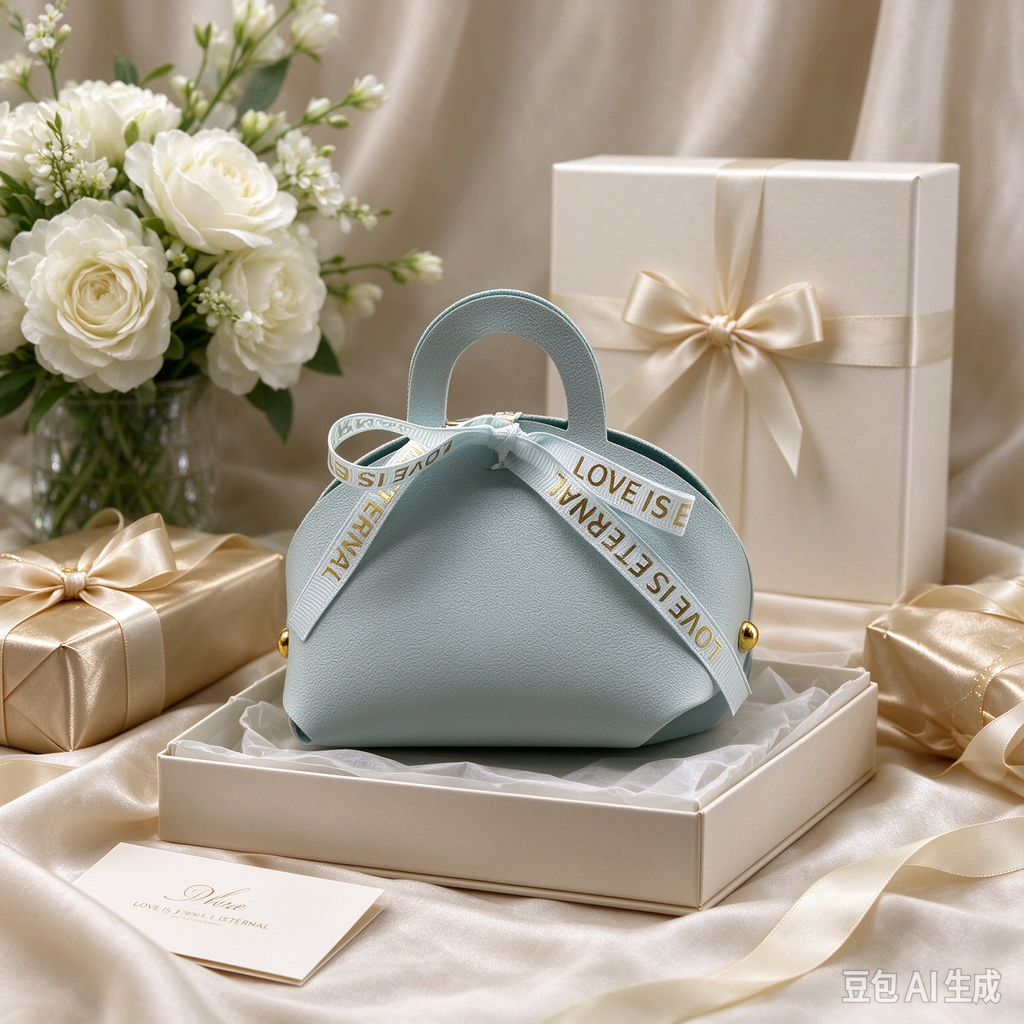Light Blue Mini Faux Leather Tote Pouch with Delicate Letter Ribbon Bow, Small Gift Bag for Wedding Favors, Bridal Shower, Party Candy & Guest Gifts