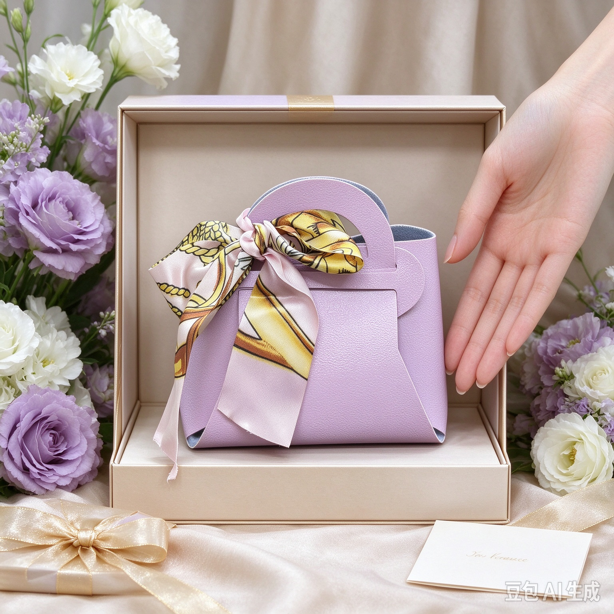 Lavender Mini Faux Leather Tote Pouch, Small Gift Bag with Printed Silk Scarf Bow for Wedding Favors, Bridal Shower, Party Candy & Guest Gifts