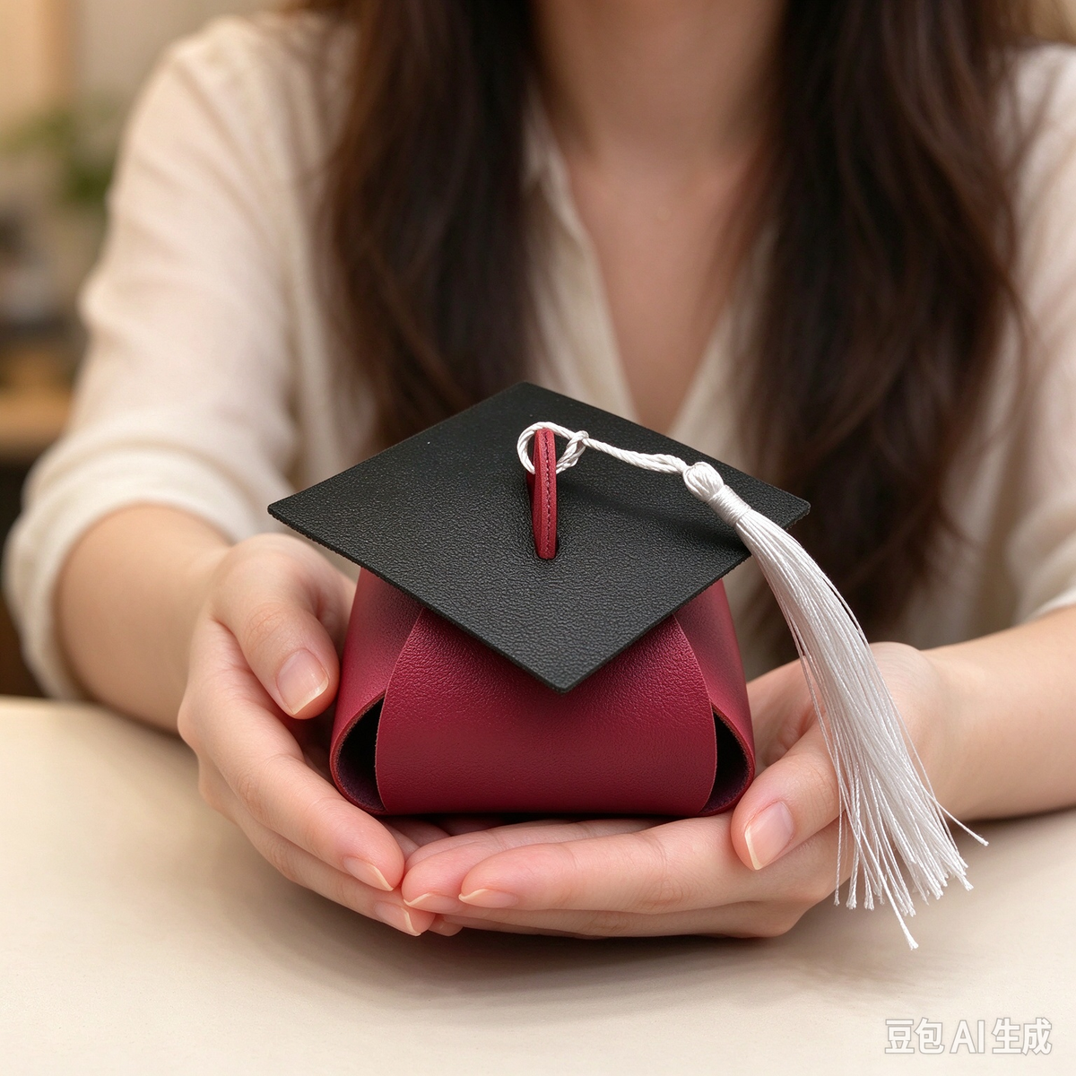 Magenta Graduation Cap Mini Faux Leather Keychain Purse, Tiny Coin Pouch Earbud Holder, Cute Graduation Gift Bag Charm for Women
