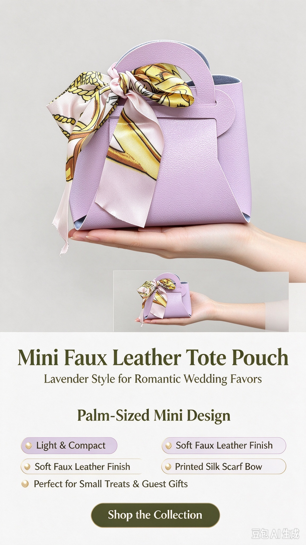 Lavender Mini Faux Leather Tote Pouch, Small Gift Bag with Printed Silk Scarf Bow for Wedding Favors, Bridal Shower, Party Candy & Guest Gifts