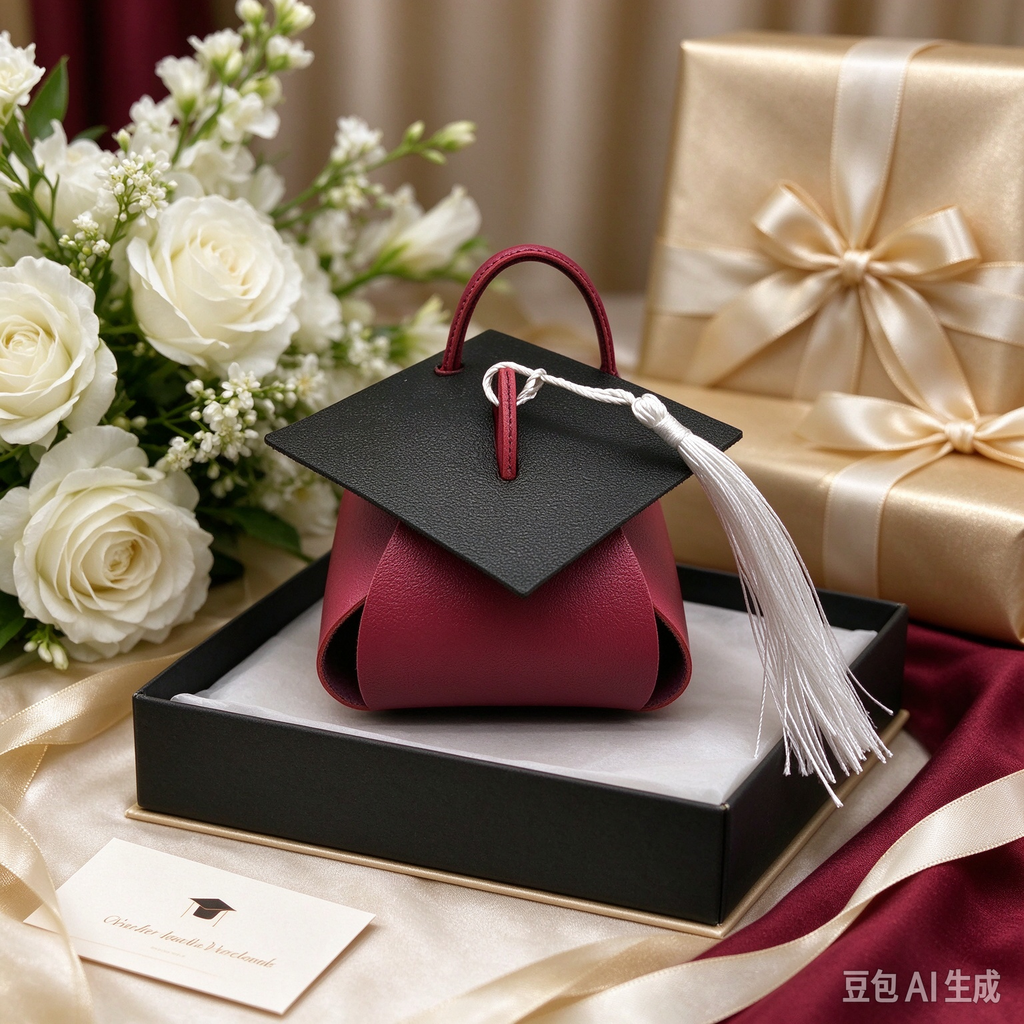 Magenta Graduation Cap Mini Faux Leather Keychain Purse, Tiny Coin Pouch Earbud Holder, Cute Graduation Gift Bag Charm for Women