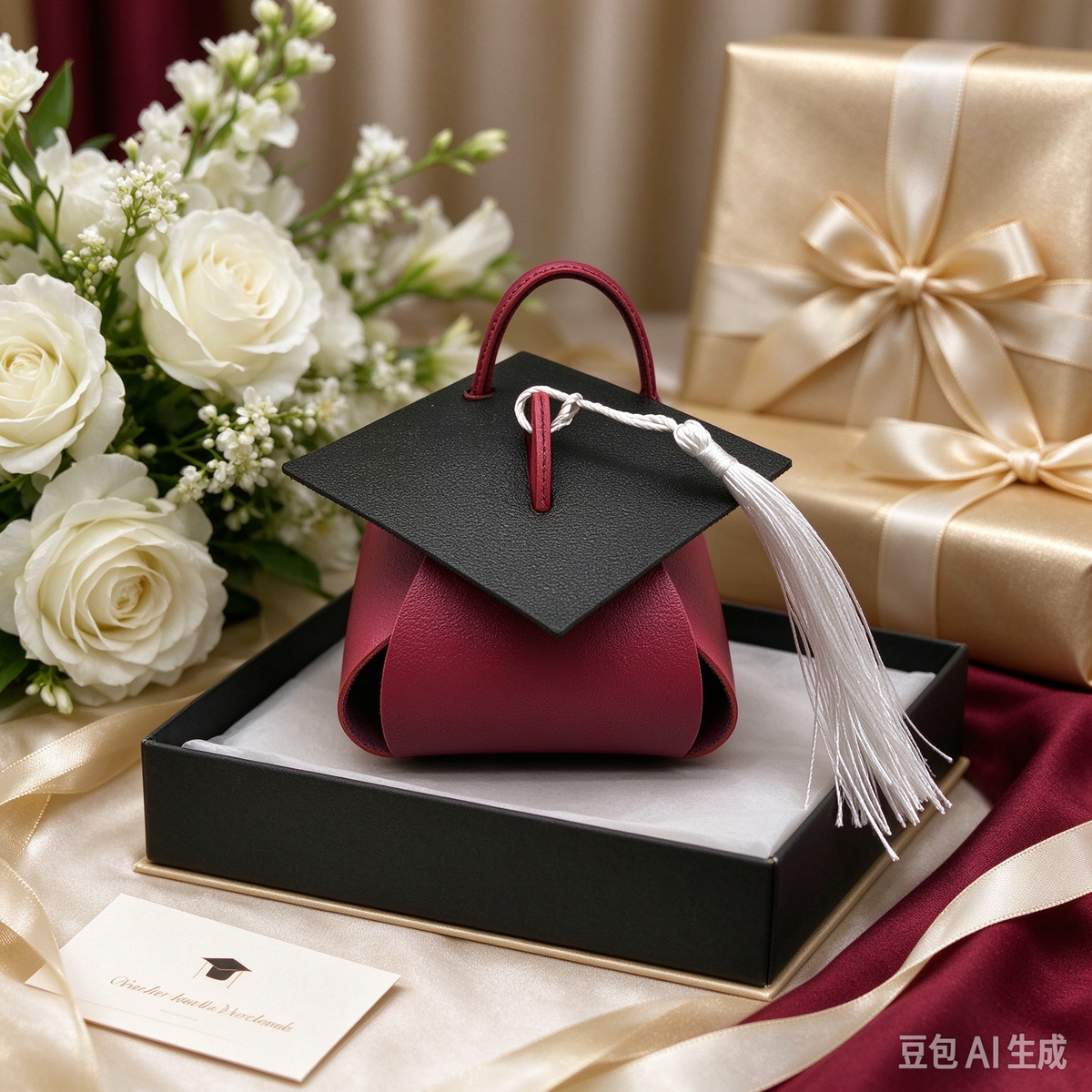 Magenta Graduation Cap Mini Faux Leather Keychain Purse, Tiny Coin Pouch Earbud Holder, Cute Graduation Gift Bag Charm for Women