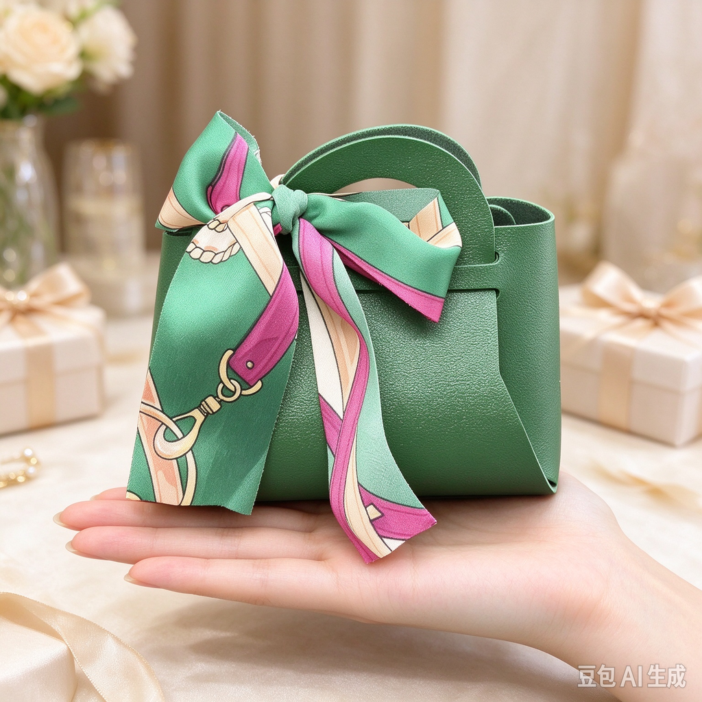 Green Mini Faux Leather Tote Pouch with Printed Silk Scarf Bow, Small Gift Bag for Wedding Favors, Bridal Shower, Party Candy & Guest Gifts