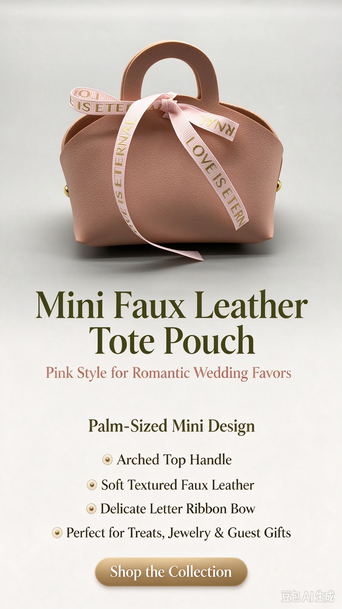 Pink Mini Faux Leather Tote Pouch with Delicate Letter Ribbon Bow, Small Gift Bag for Wedding Favors, Bridal Shower, Party Candy & Guest Gifts