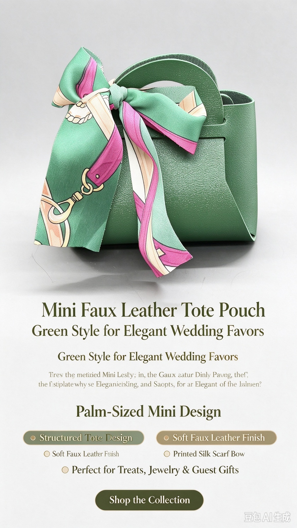 Green Mini Faux Leather Tote Pouch with Printed Silk Scarf Bow, Small Gift Bag for Wedding Favors, Bridal Shower, Party Candy & Guest Gifts