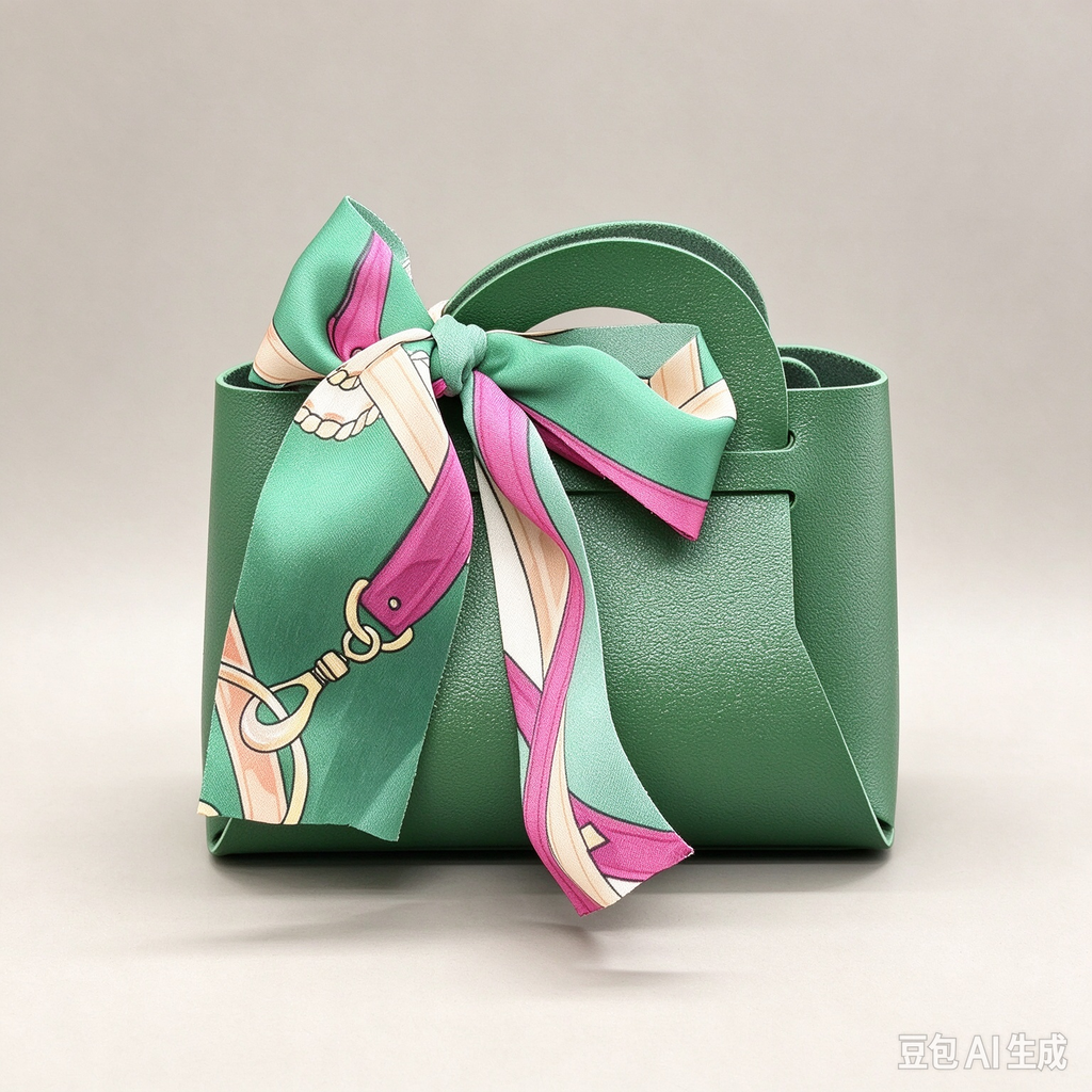 Green Mini Faux Leather Tote Pouch with Printed Silk Scarf Bow, Small Gift Bag for Wedding Favors, Bridal Shower, Party Candy & Guest Gifts