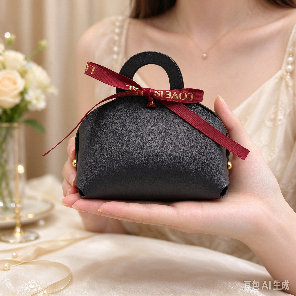 Black Mini Faux Leather Tote Pouch with Delicate Letter Ribbon Bow, Small Gift Bag for Wedding Favors, Bridal Shower, Party Candy & Guest Gifts