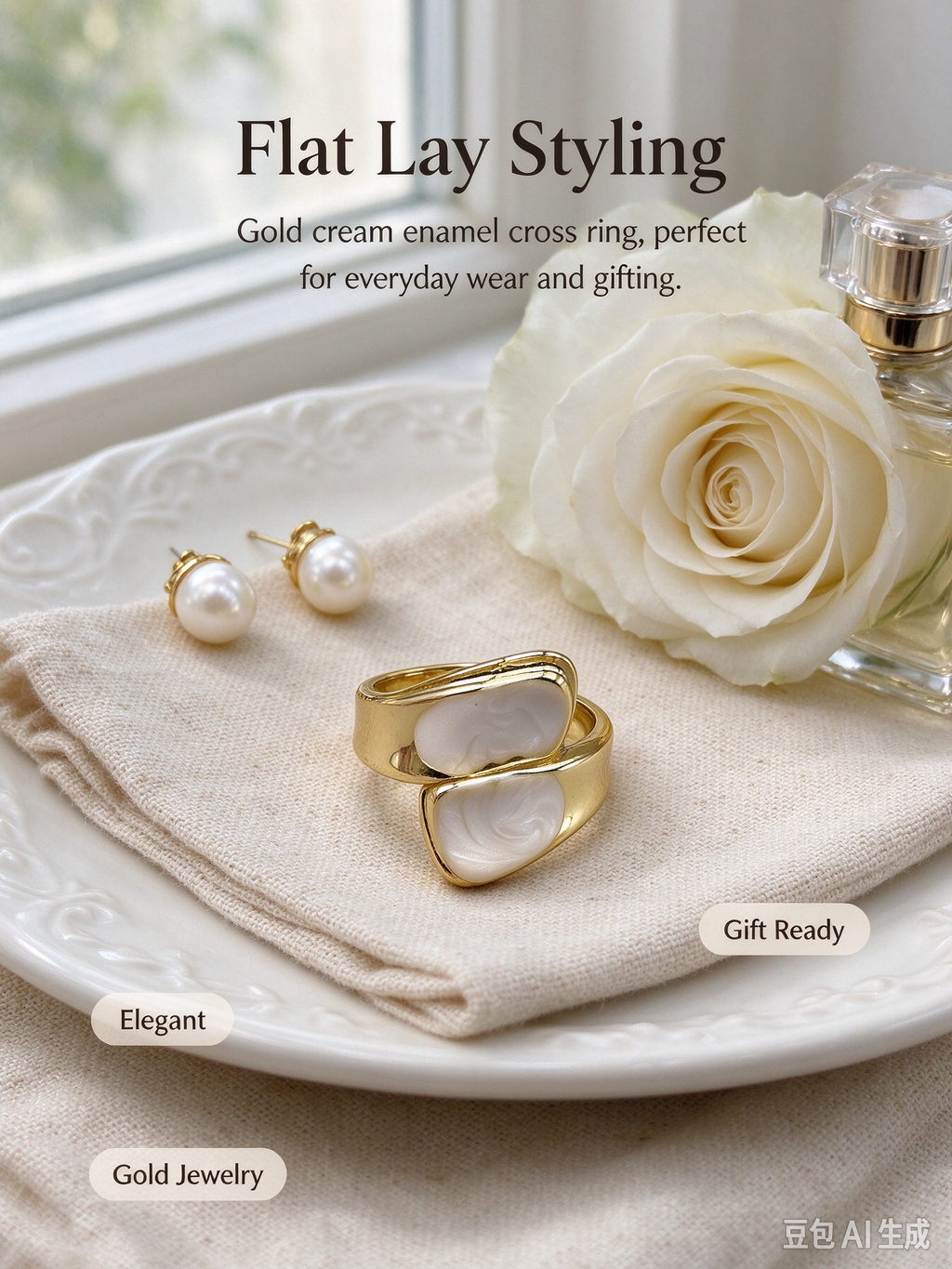 Double Oval Cream Enamel Wrap Ring, Adjustable Statement Open Ring for Women