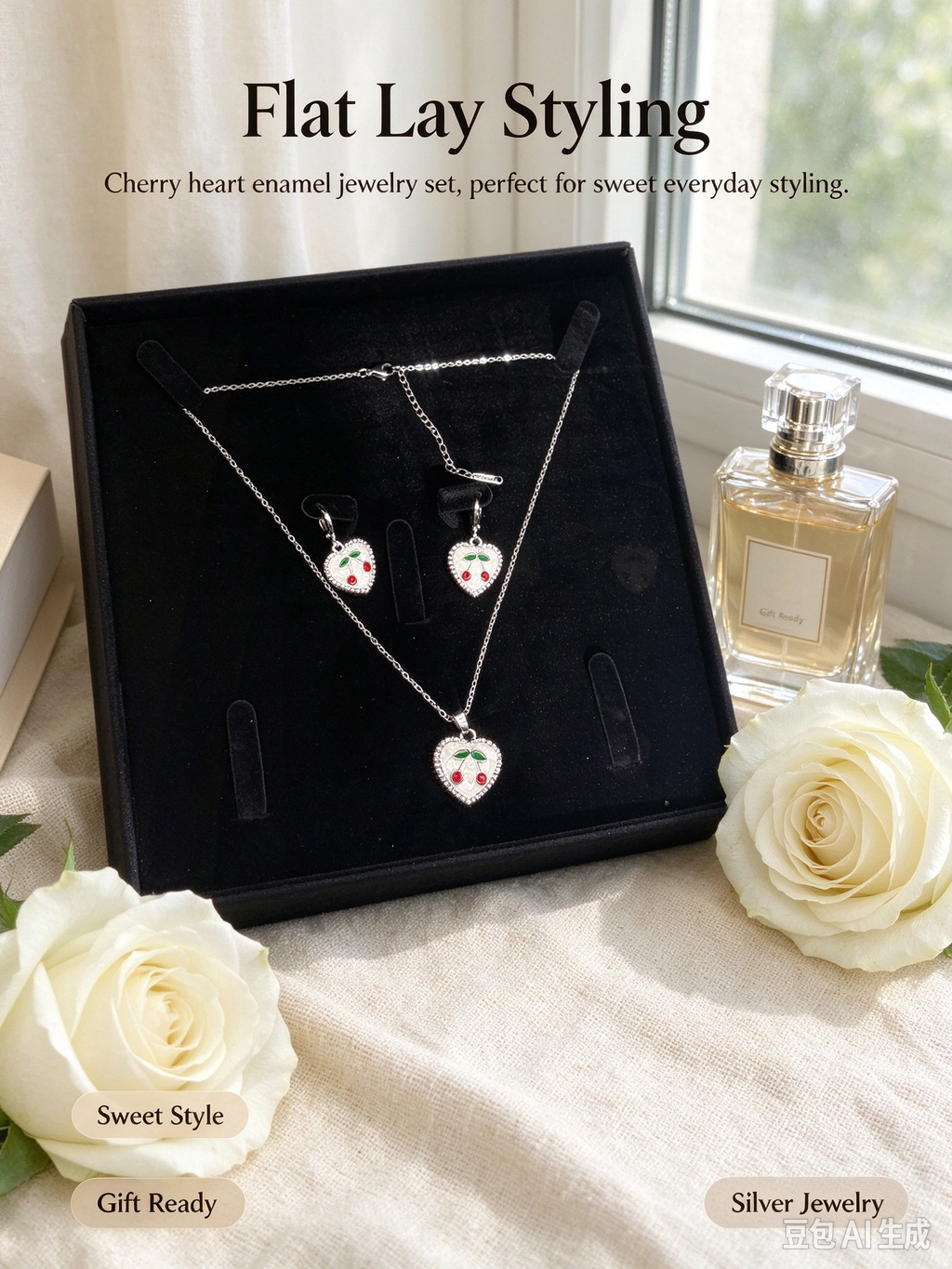 Heart Enamel Cherry Necklace & Drop Earring Set, Silver Plated Cute Fruit Jewelry Gift Box for Women & Teens