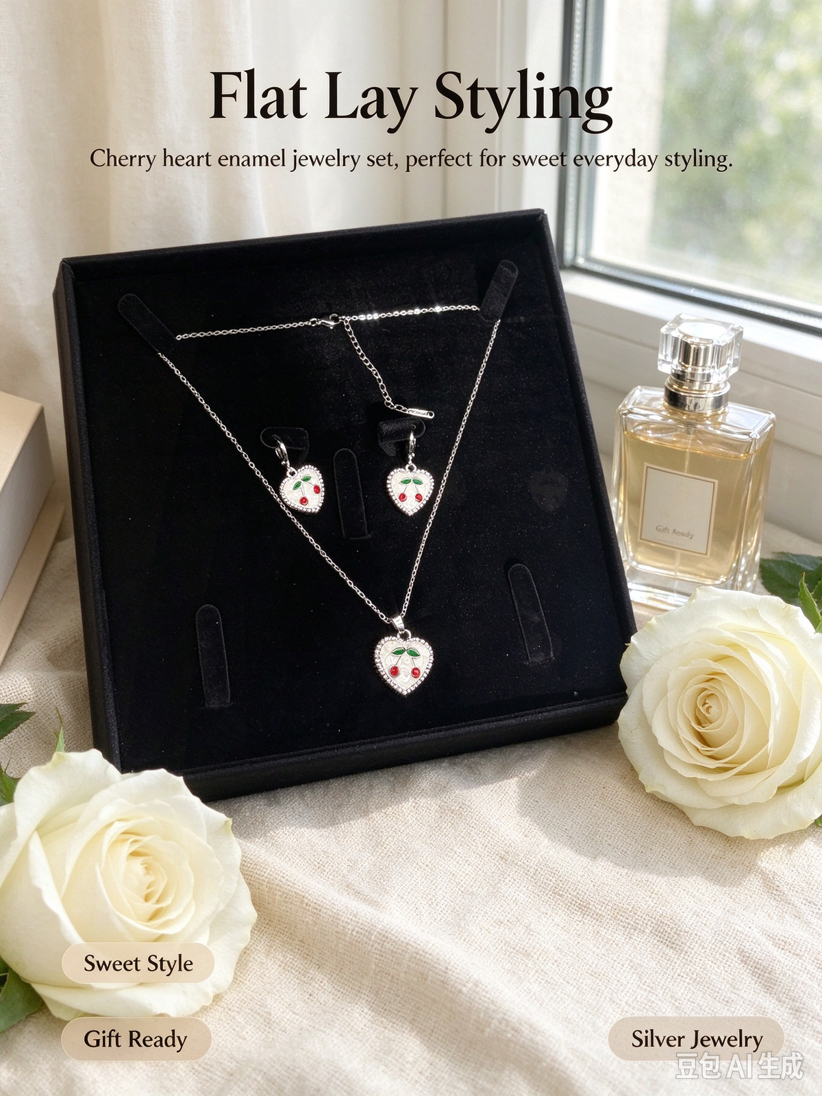 Heart Enamel Cherry Necklace & Drop Earring Set, Silver Plated Cute Fruit Jewelry Gift Box for Women & Teens