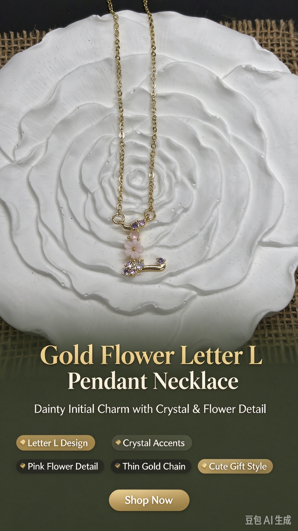 Dainty Gold Floral Letter L Initial Necklace, Pink Flower & Multicolor Crystal Pendant, Personalized Letter Jewelry