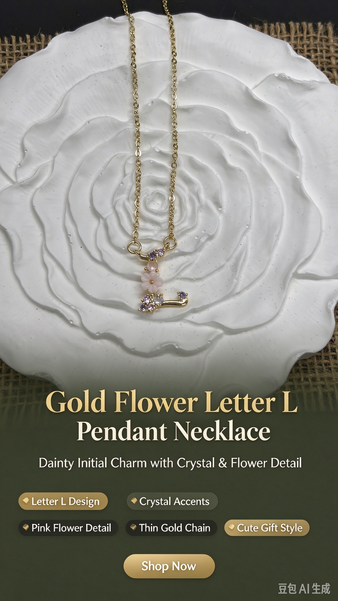 Dainty Gold Floral Letter L Initial Necklace, Pink Flower & Multicolor Crystal Pendant, Personalized Letter Jewelry