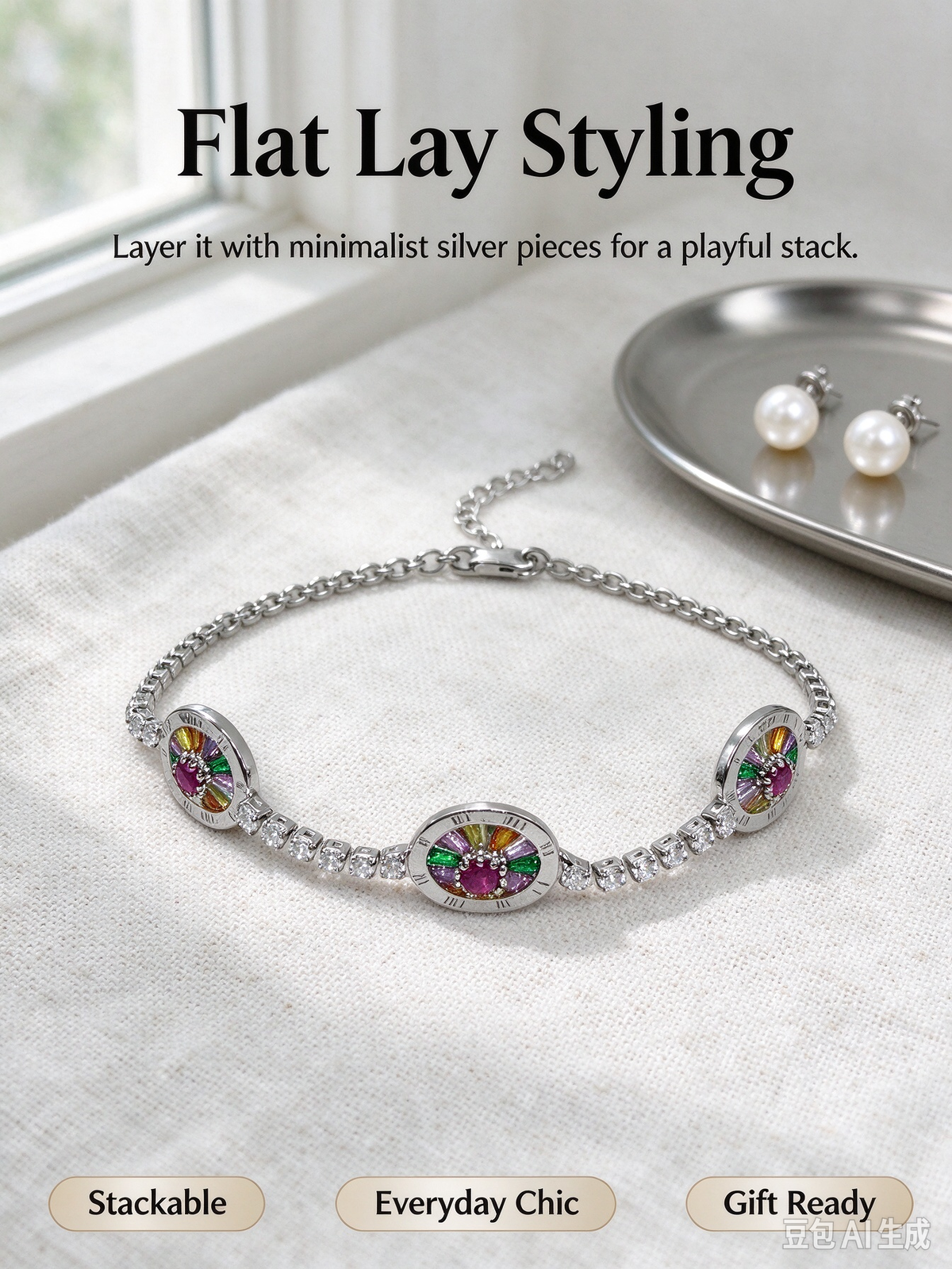 Silver Oval Color CZ Tennis Bracelet, Three Stone Charm Crystal Bracelet for Women