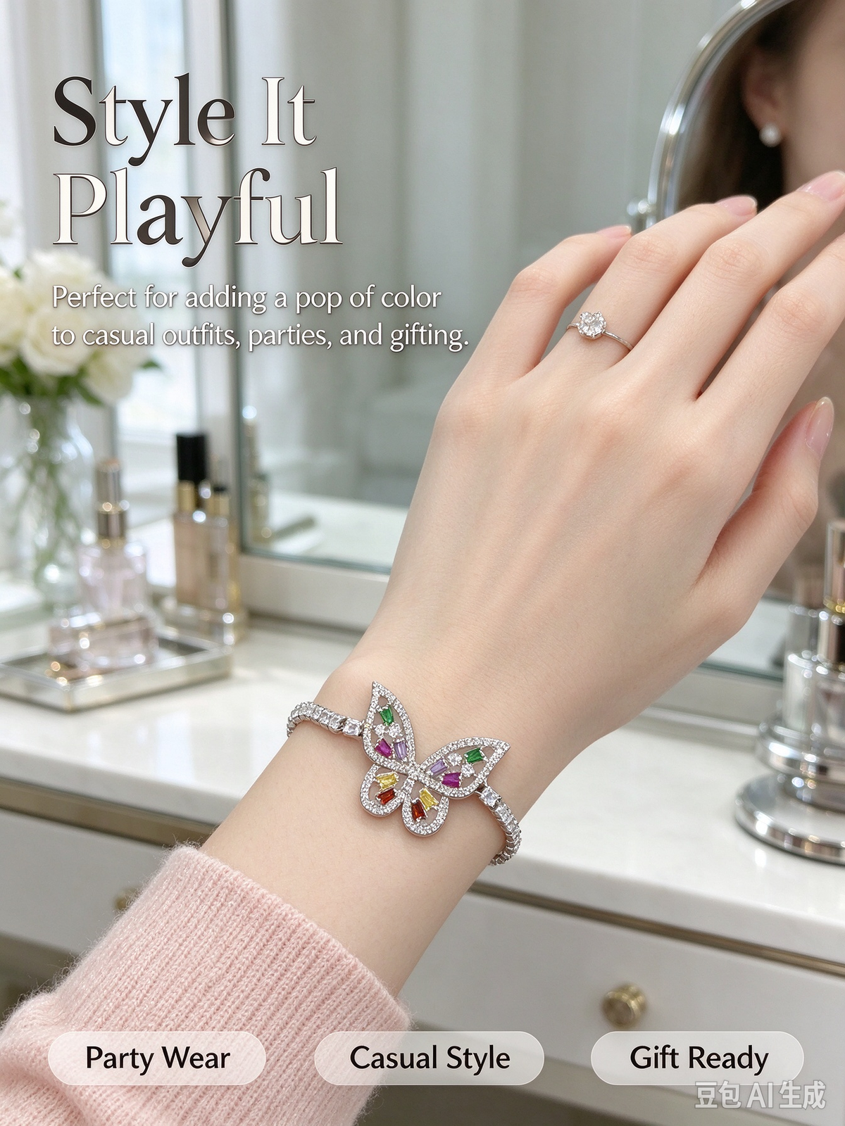 Silver Rainbow CZ Butterfly Tennis Bracelet, Multicolor Crystal Butterfly Statement Bracelet