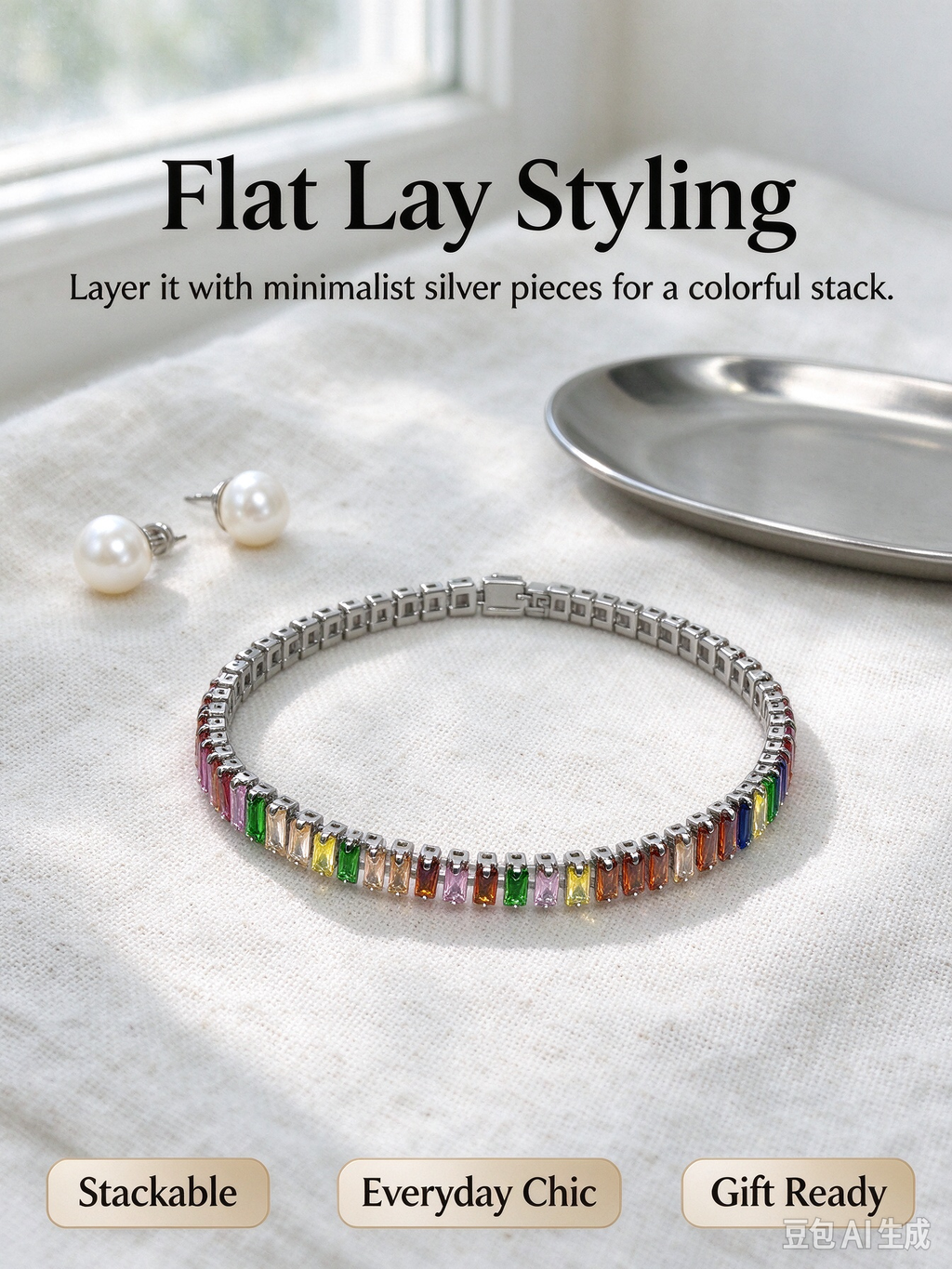 Colorful Baguette Crystal Tennis Bracelet, Rainbow Rectangular CZ Tennis Bracelet for Women