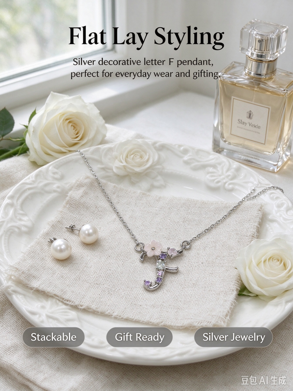 Silver Floral Letter F Initial Necklace, Dainty Alphabet Pendant with Pink Flower & Purple Rhinestone, Delicate Chain Necklace for Women