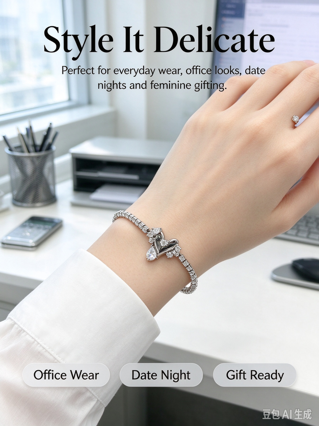 Heart Teardrop Drop Tennis Bracelet, Dainty Cubic Zirconia Charm Bracelet