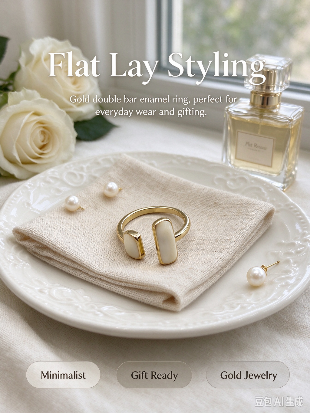 Gold Open Cuff Ring with Dual Cream Rectangular Inlay Stones, Adjustable Statement Ring for Women